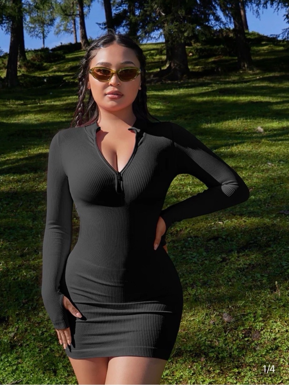 OQQ Black Long-Sleeve Zip Front Bodycon Dress. Compression and tummy control.